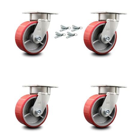 Service Caster 5 Inch Kingpinless Red Poly on Steel Wheel Swivel Caster Set with Swivel Lock SCC-KP30S520-PUR-RS-BSL-4